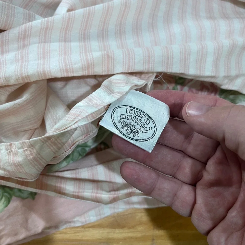 Vtg Laura Ashley Twin Duvet Cover Pink Cabbage Rose Floral Ticking Stripe Rev